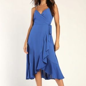 Lulus Manhattan Moment Blue Ruffled Midi Wrap Dress